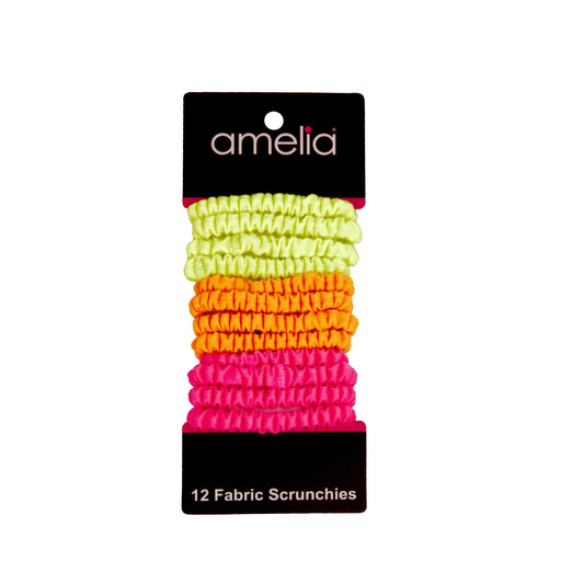 Amelia Beauty, Neon Mix Skinny Jersey Scrunchies, 2.125in Diameter, Gentle on Hair, Strong Hold, No Snag, No Dents or Creases. 12 Pack - 12 Retail Packs