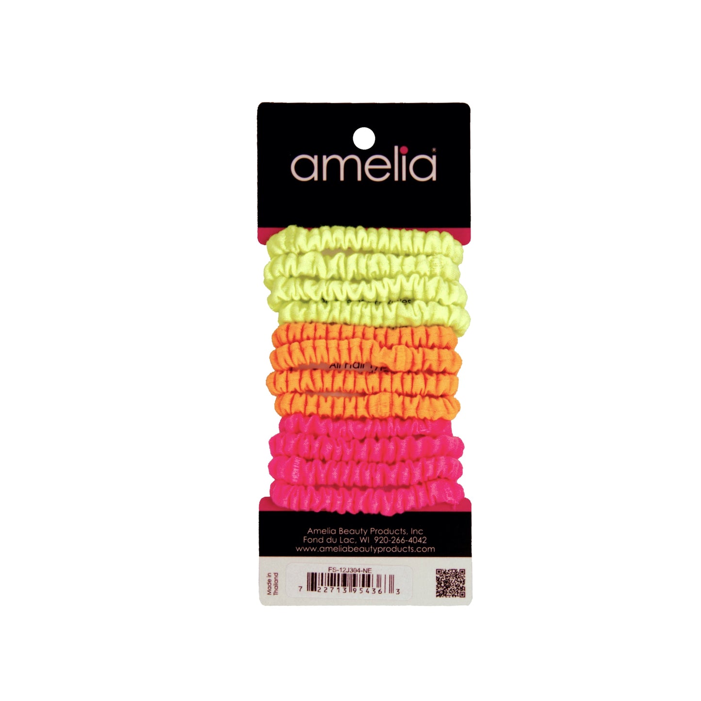 Amelia Beauty, Neon Mix Skinny Jersey Scrunchies, 2.125in Diameter, Gentle on Hair, Strong Hold, No Snag, No Dents or Creases. 12 Pack - 12 Retail Packs