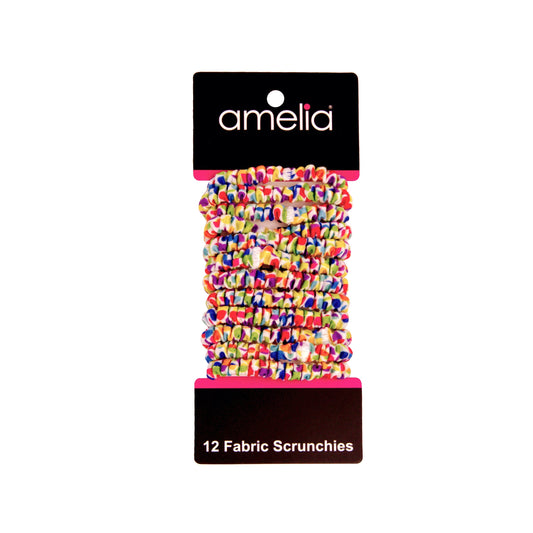 Amelia Beauty, Rainbow Dots Skinny Jersey Scrunchies, 2.125in Diameter, Gentle on Hair, Strong Hold, No Snag, No Dents or Creases. 12 Pack - 12 Retail Packs