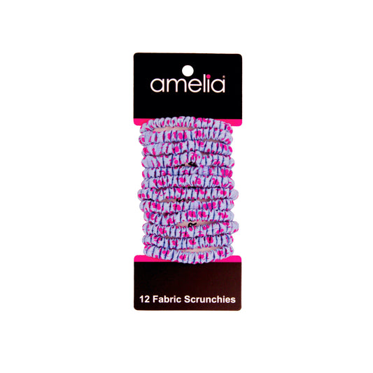 Amelia Beauty, Pink with Blue Dots Skinny Jersey Scrunchies, 2.125in Diameter, Gentle on Hair, Strong Hold, No Snag, No Dents or Creases. 12 Pack - 12 Retail Packs