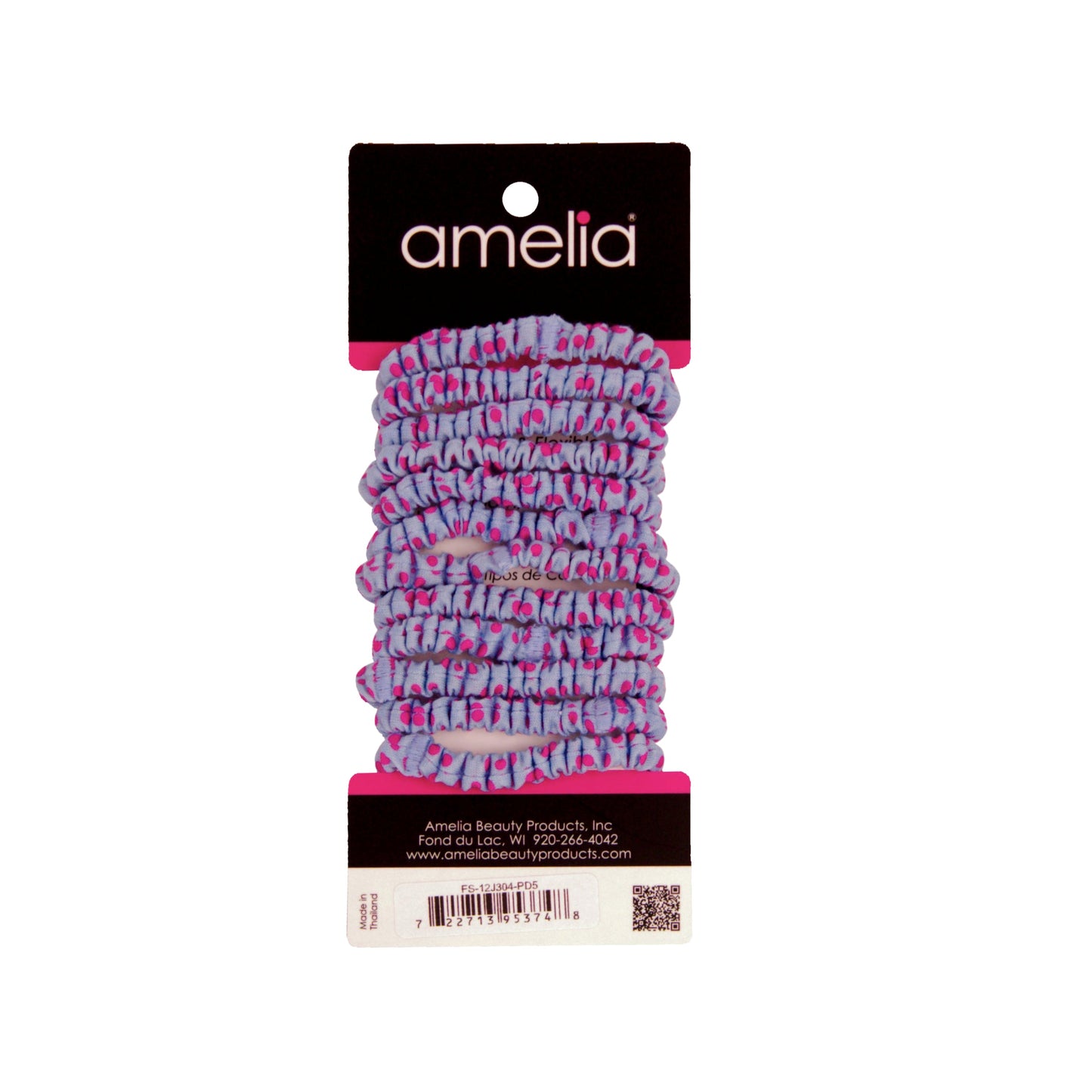 Amelia Beauty, Pink with Blue Dots Skinny Jersey Scrunchies, 2.125in Diameter, Gentle on Hair, Strong Hold, No Snag, No Dents or Creases. 12 Pack - 12 Retail Packs