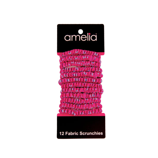 Amelia Beauty, Blue with Pink Dots Skinny Jersey Scrunchies, 2.125in Diameter, Gentle on Hair, Strong Hold, No Snag, No Dents or Creases. 12 Pack - 12 Retail Packs