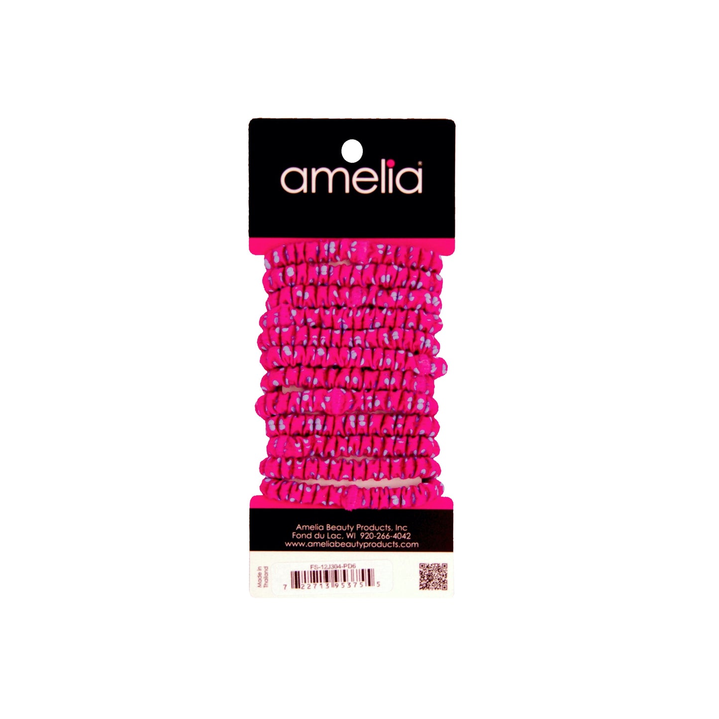 Amelia Beauty, Blue with Pink Dots Skinny Jersey Scrunchies, 2.125in Diameter, Gentle on Hair, Strong Hold, No Snag, No Dents or Creases. 12 Pack - 12 Retail Packs