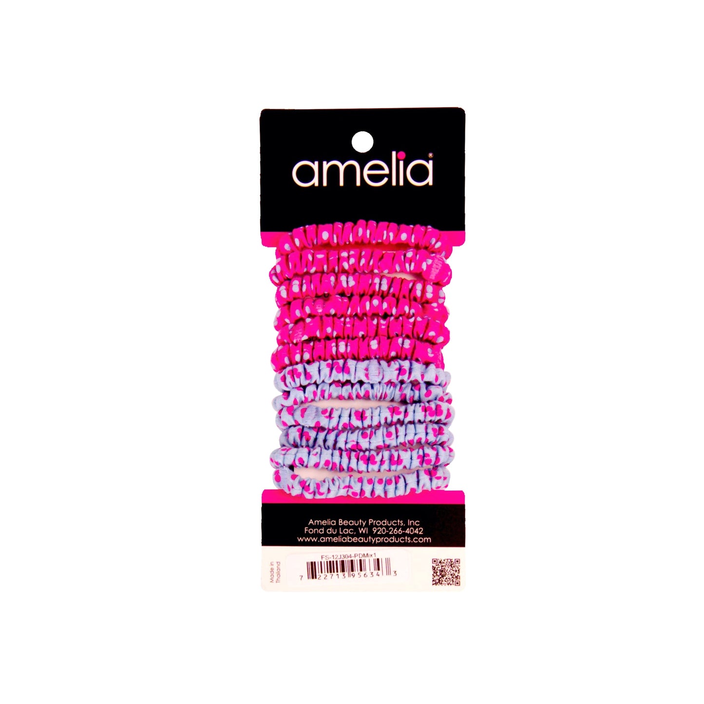 Amelia Beauty, Pink and Blue Polka Dot Mix Skinny Jersey Scrunchies, 2.125in Diameter, Gentle on Hair, Strong Hold, No Snag, No Dents or Creases. 12 Pack - 12 Retail Packs