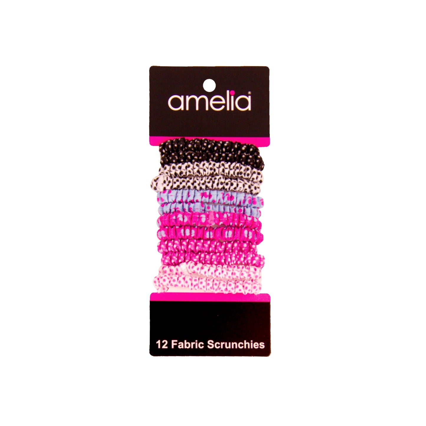 Amelia Beauty, Polka Dot Mix Skinny Jersey Scrunchies, 2.125in Diameter, Gentle on Hair, Strong Hold, No Snag, No Dents or Creases. 12 Pack - 12 Retail Packs