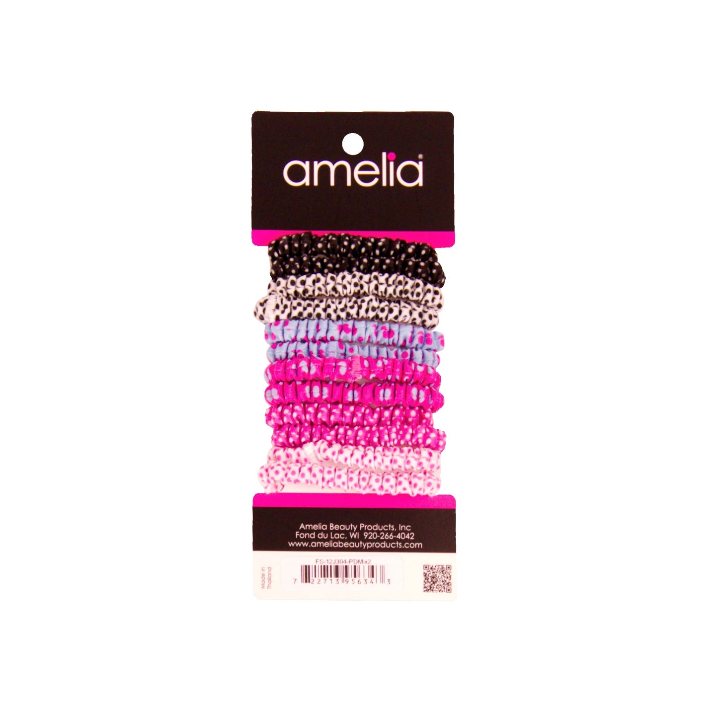 Amelia Beauty, Polka Dot Mix Skinny Jersey Scrunchies, 2.125in Diameter, Gentle on Hair, Strong Hold, No Snag, No Dents or Creases. 12 Pack - 12 Retail Packs