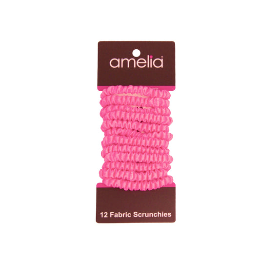 Amelia Beauty, Neon Pink Skinny Jersey Scrunchies, 2.125in Diameter, Gentle on Hair, Strong Hold, No Snag, No Dents or Creases. 12 Pack - 12 Retail Packs