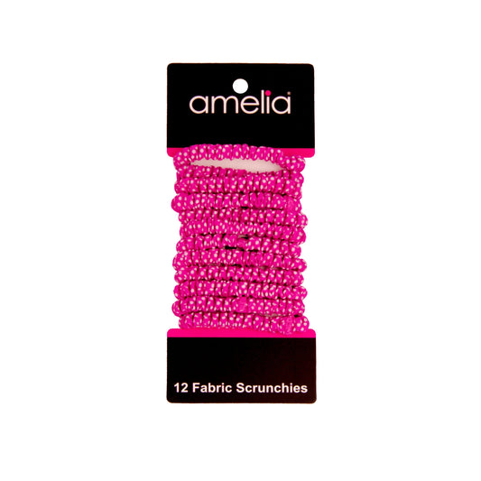 Amelia Beauty, Pink with White Dots Skinny Jersey Scrunchies, 2.125in Diameter, Gentle on Hair, Strong Hold, No Snag, No Dents or Creases. 12 Pack - 12 Retail Packs