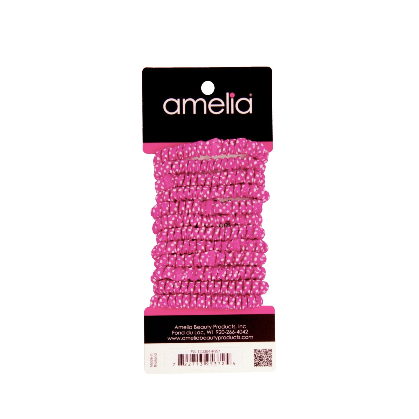 Amelia Beauty, Pink with White Dots Skinny Jersey Scrunchies, 2.125in Diameter, Gentle on Hair, Strong Hold, No Snag, No Dents or Creases. 12 Pack - 12 Retail Packs