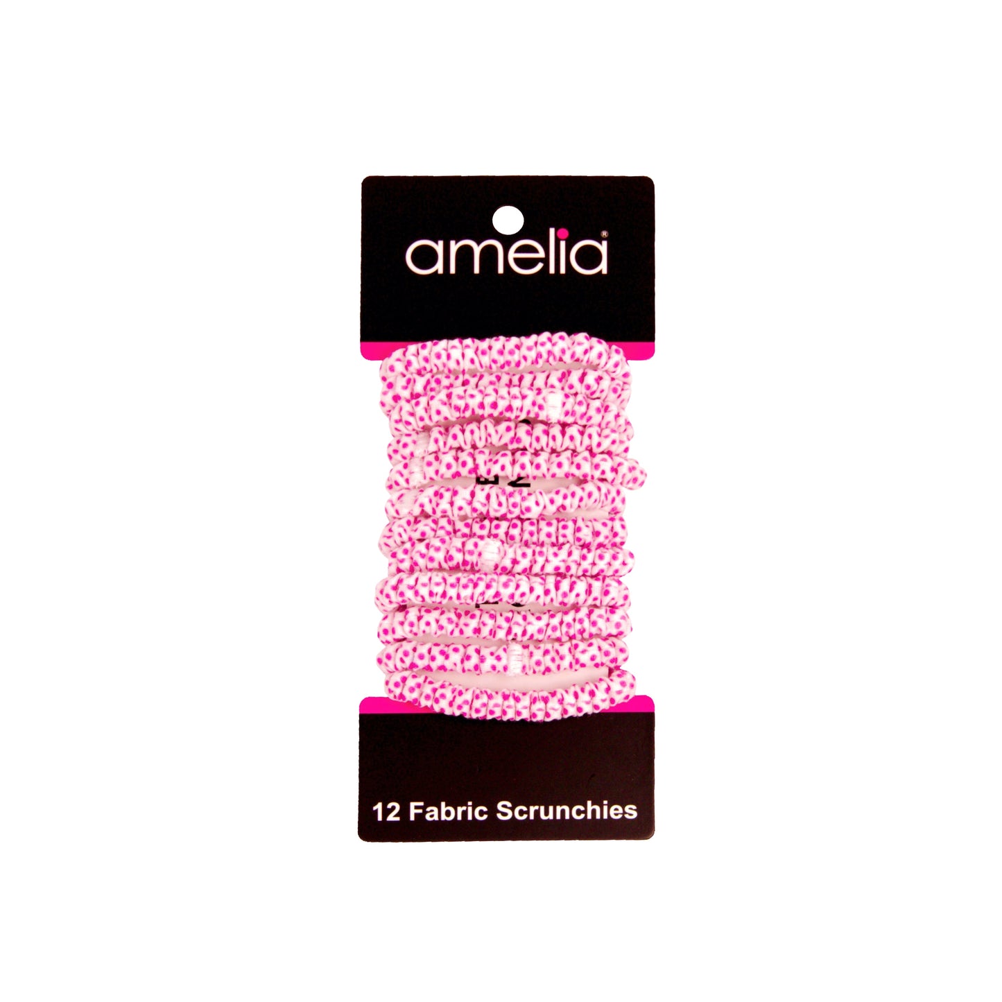 Amelia Beauty, White with Pink Dots Skinny Jersey Scrunchies, 2.125in Diameter, Gentle on Hair, Strong Hold, No Snag, No Dents or Creases. 12 Pack - 12 Retail Packs