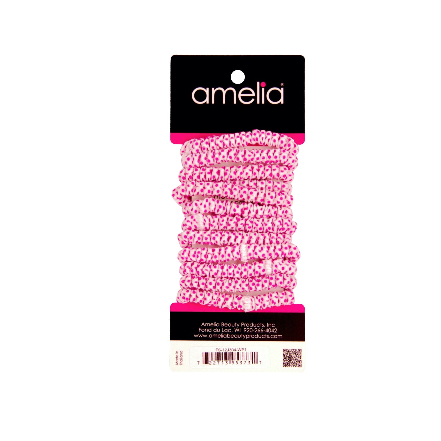 Amelia Beauty, White with Pink Dots Skinny Jersey Scrunchies, 2.125in Diameter, Gentle on Hair, Strong Hold, No Snag, No Dents or Creases. 12 Pack - 12 Retail Packs