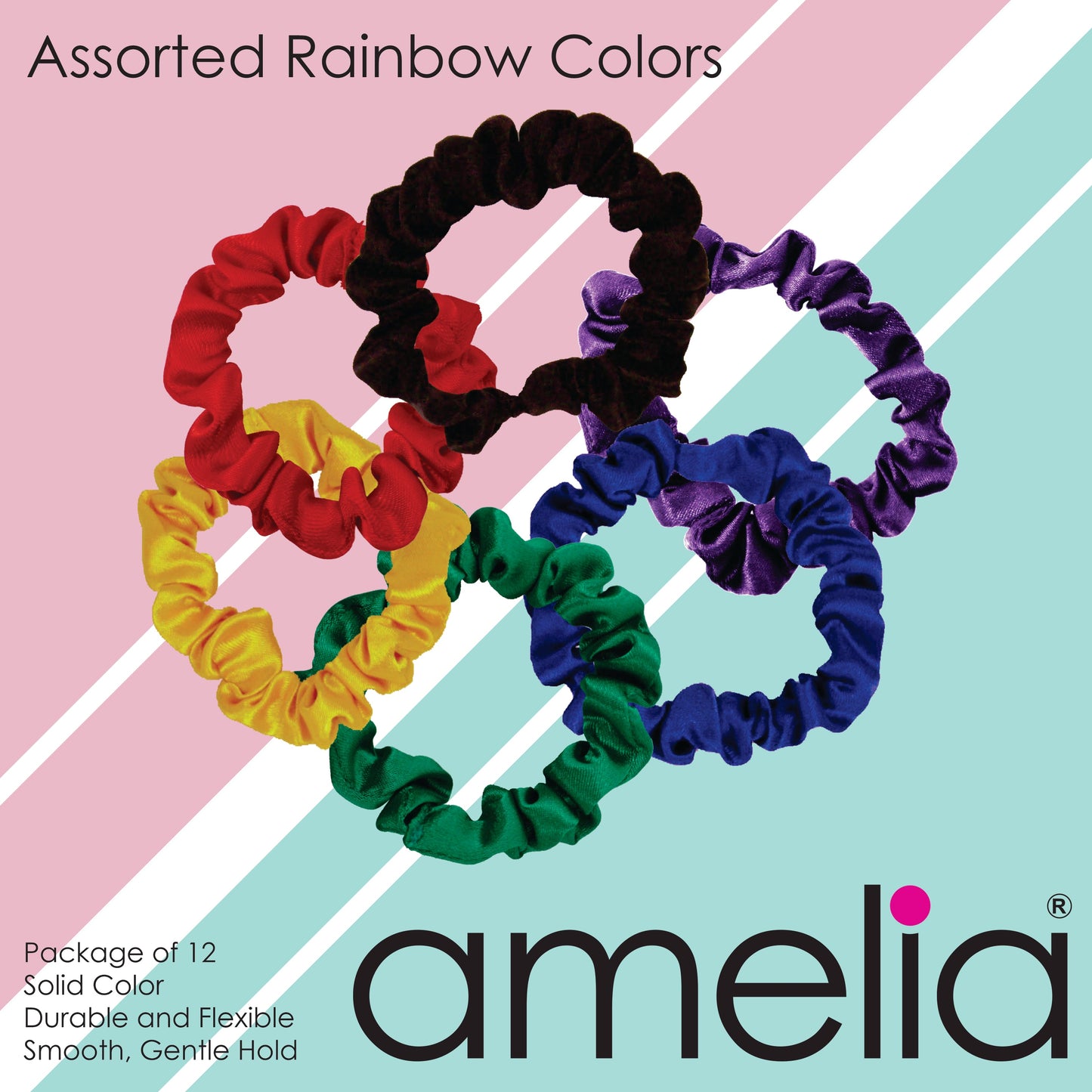 Amelia Beauty, Rainbow Colors Satin Scrunchies, 2.25in Diameter, Gentle on Hair, Strong Hold, No Snag, No Dents or Creases. 12 Pack - 12 Retail Packs