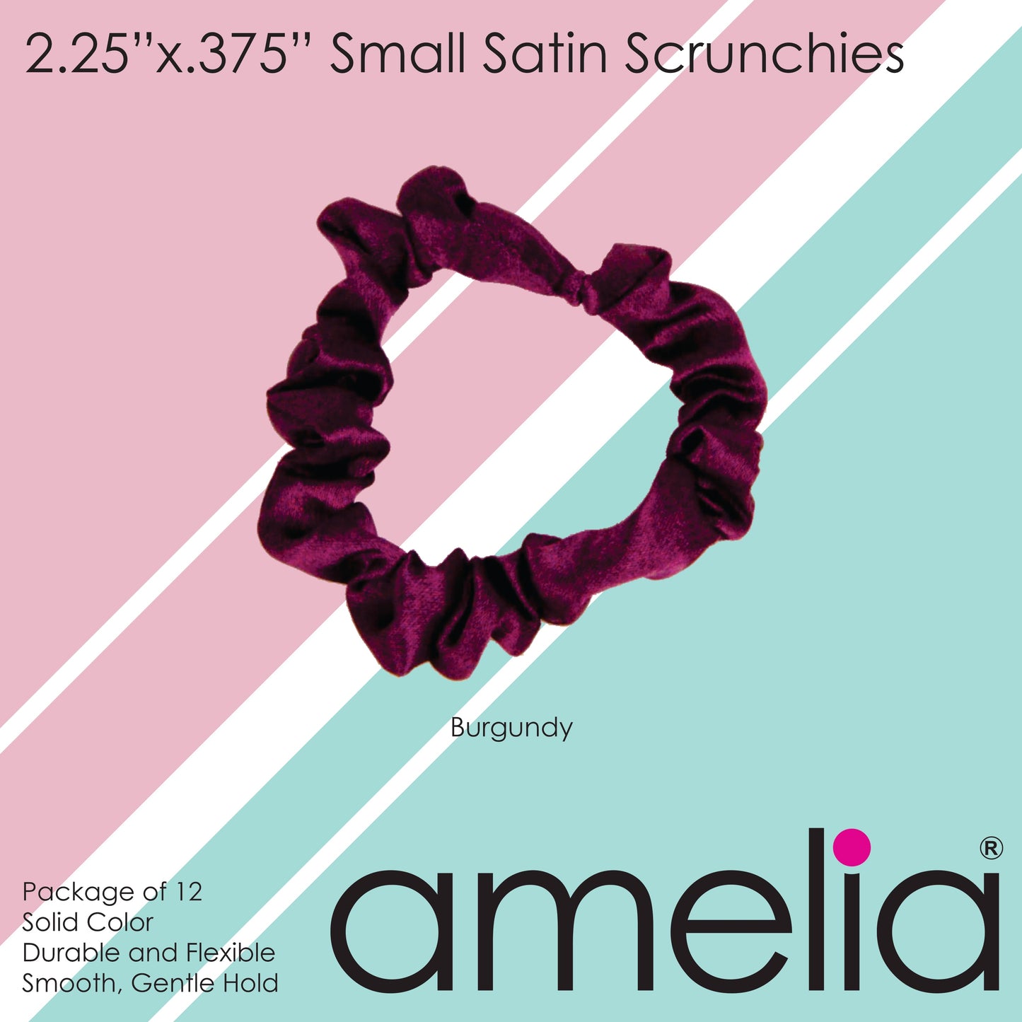 Amelia Beauty, Burgundy Satin Scrunchies, 2.25in Diameter, Gentle on Hair, Strong Hold, No Snag, No Dents or Creases. 12 Pack - 12 Retail Packs