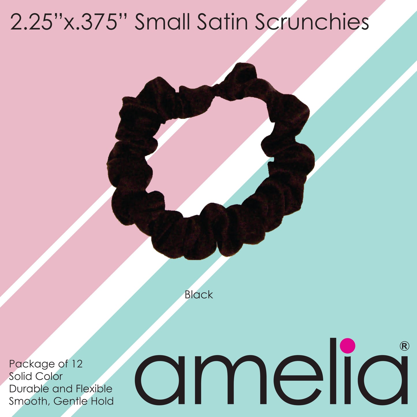 Amelia Beauty, Black Satin Scrunchies, 2.25in Diameter, Gentle on Hair, Strong Hold, No Snag, No Dents or Creases. 12 Pack - 12 Retail Packs