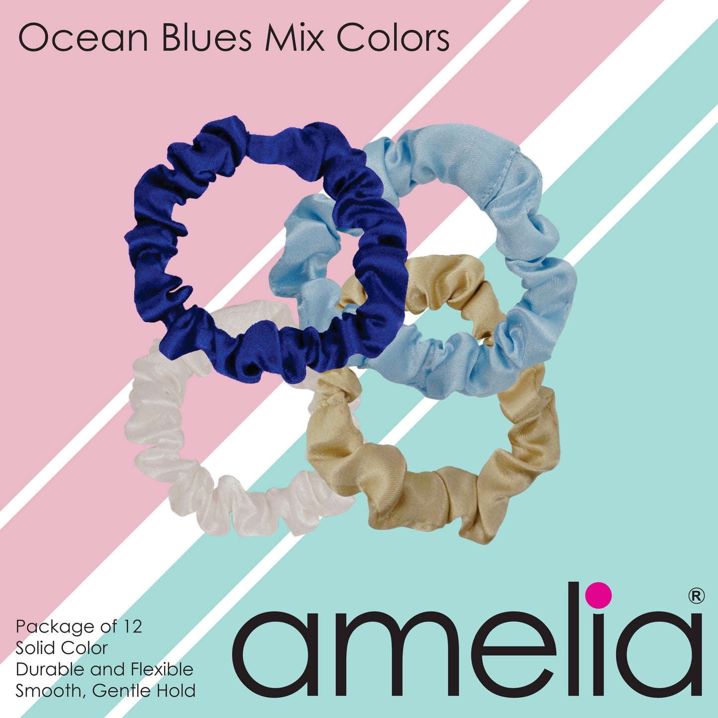 Amelia Beauty, Ocean Mix Satin Scrunchies, 2.25in Diameter, Gentle on Hair, Strong Hold, No Snag, No Dents or Creases. 12 Pack - 12 Retail Packs