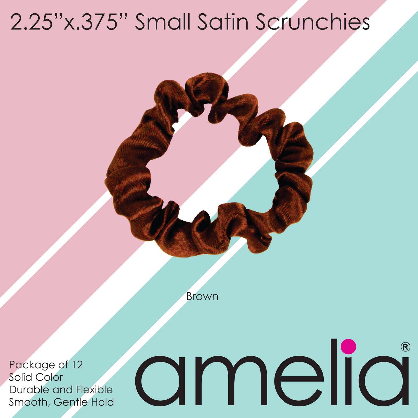 Amelia Beauty, Brown Satin Scrunchies, 2.25in Diameter, Gentle on Hair, Strong Hold, No Snag, No Dents or Creases. 12 Pack - 12 Retail Packs