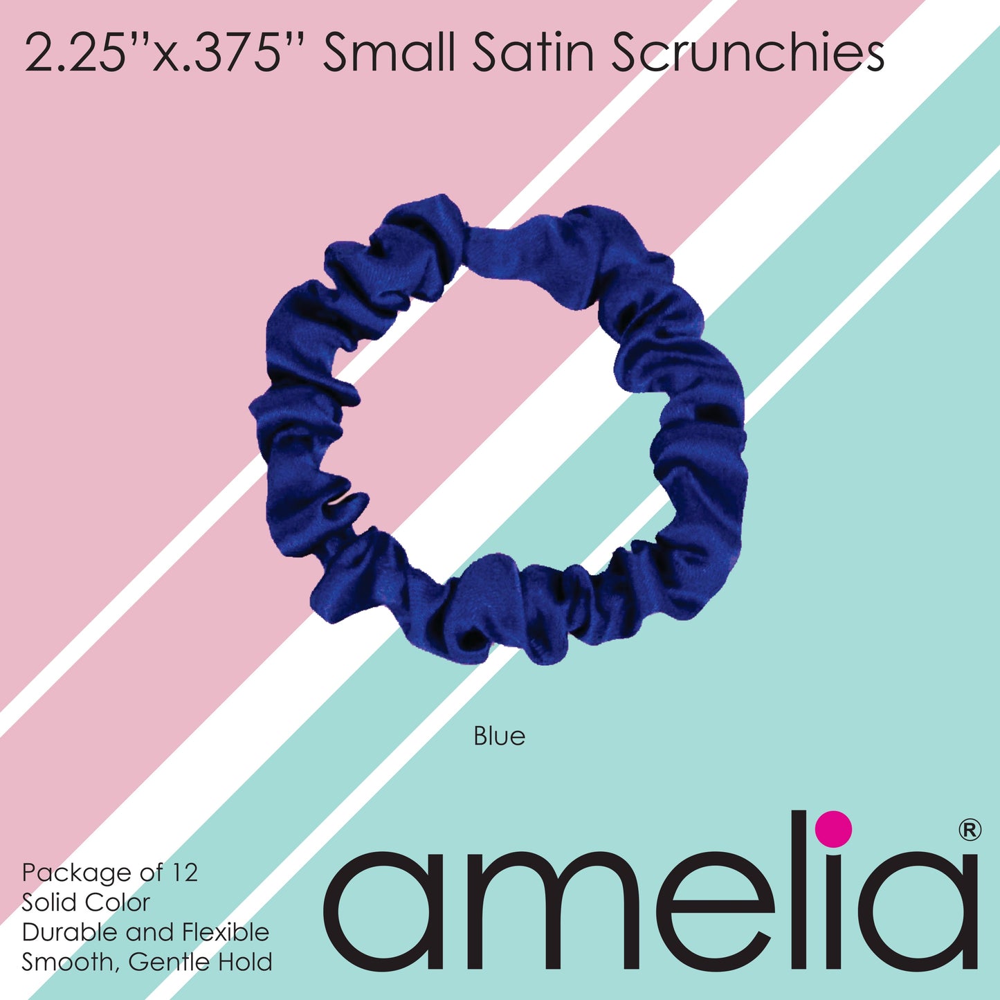 Amelia Beauty, Blue Satin Scrunchies, 2.25in Diameter, Gentle on Hair, Strong Hold, No Snag, No Dents or Creases. 12 Pack - 12 Retail Packs