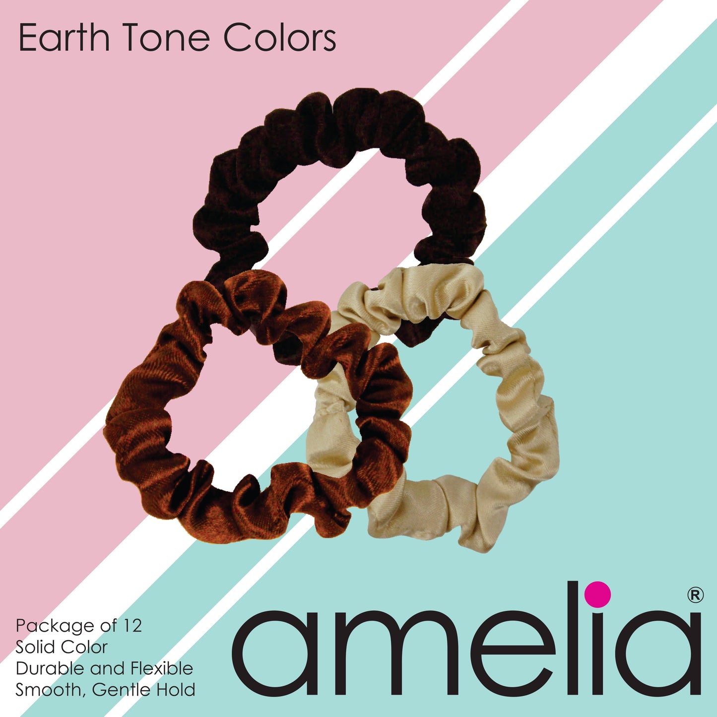 Amelia Beauty, Earth Tones Satin Scrunchies, 2.25in Diameter, Gentle on Hair, Strong Hold, No Snag, No Dents or Creases. 12 Pack - 12 Retail Packs