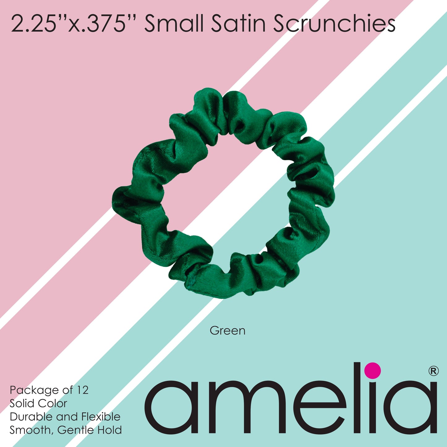 Amelia Beauty, Green Satin Scrunchies, 2.25in Diameter, Gentle on Hair, Strong Hold, No Snag, No Dents or Creases. 12 Pack - 12 Retail Packs