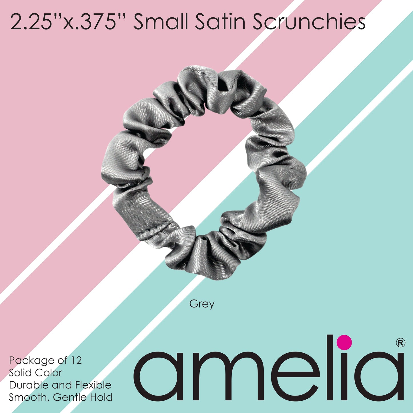 Amelia Beauty, Gray Satin Scrunchies, 2.25in Diameter, Gentle on Hair, Strong Hold, No Snag, No Dents or Creases. 12 Pack - 12 Retail Packs