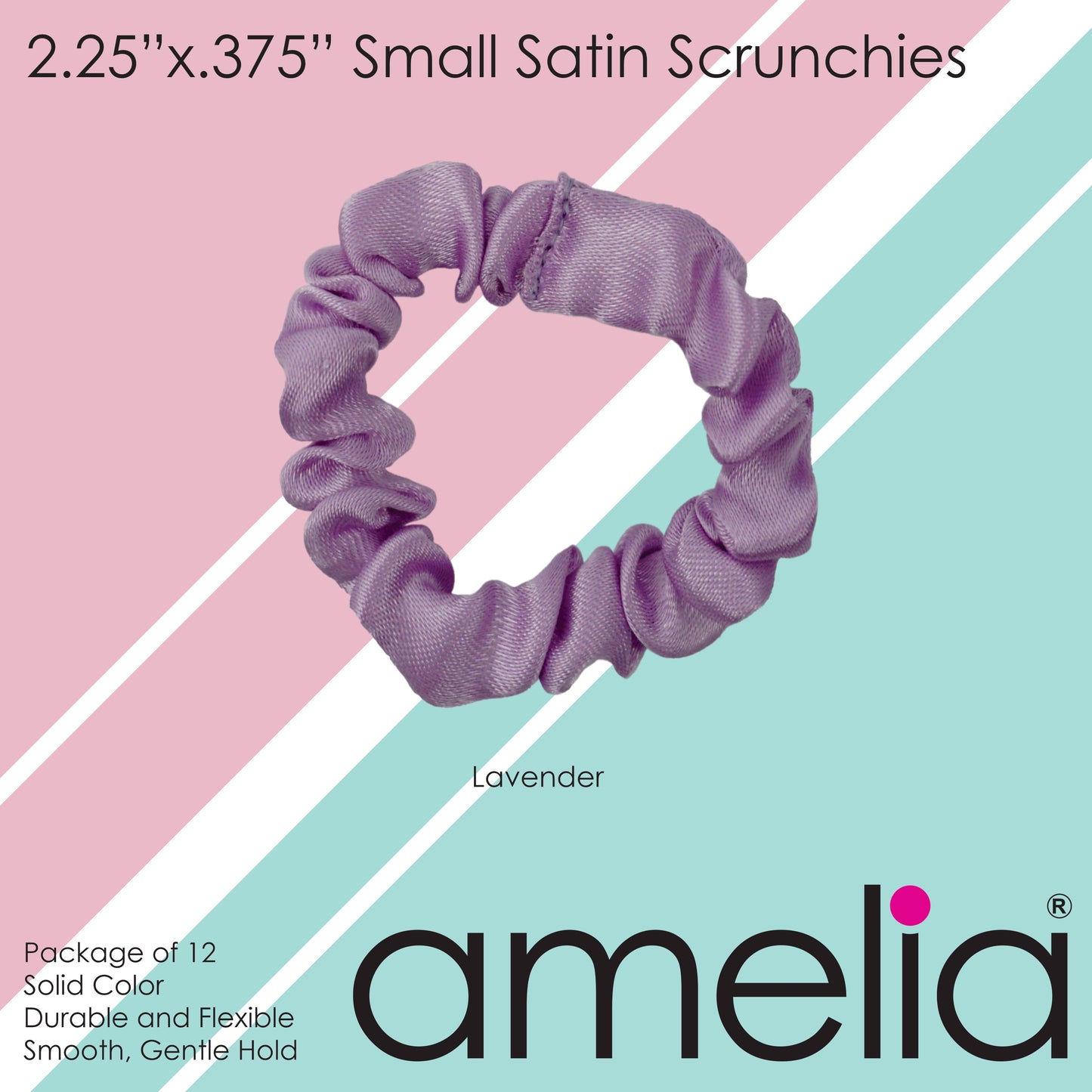 Amelia Beauty, Lavender Satin Scrunchies, 2.25in Diameter, Gentle on Hair, Strong Hold, No Snag, No Dents or Creases. 12 Pack - 12 Retail Packs