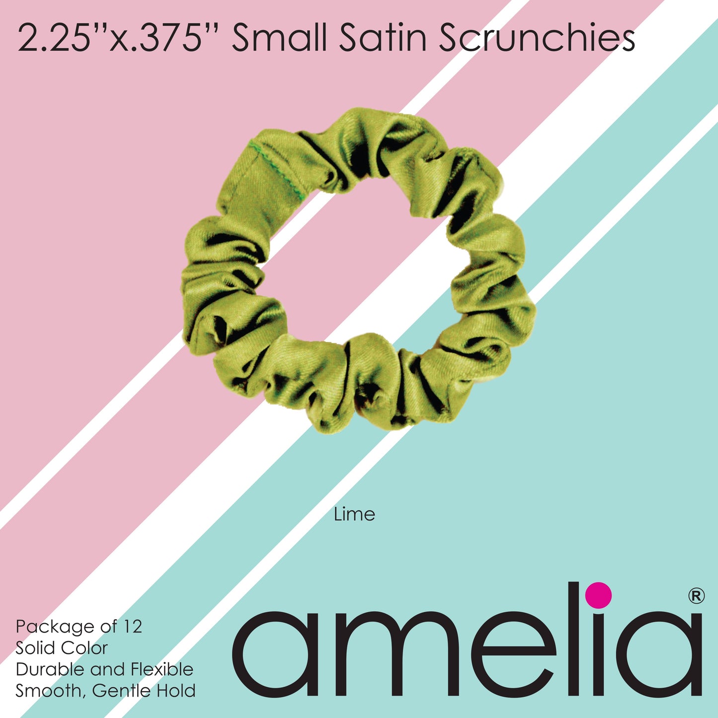 Amelia Beauty, Lime Satin Scrunchies, 2.25in Diameter, Gentle on Hair, Strong Hold, No Snag, No Dents or Creases. 12 Pack - 12 Retail Packs