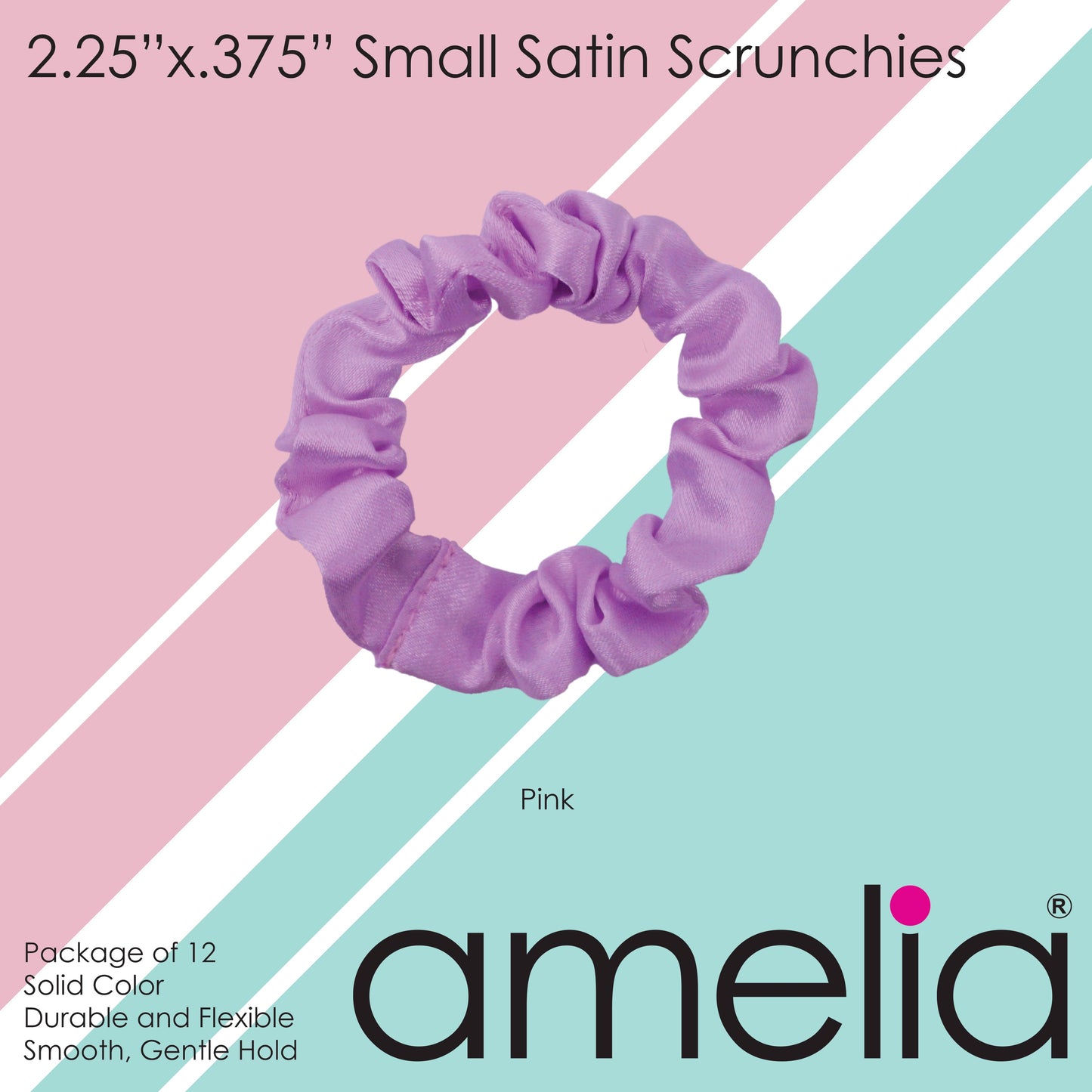 Amelia Beauty, Pink Satin Scrunchies, 2.25in Diameter, Gentle on Hair, Strong Hold, No Snag, No Dents or Creases. 12 Pack - 12 Retail Packs