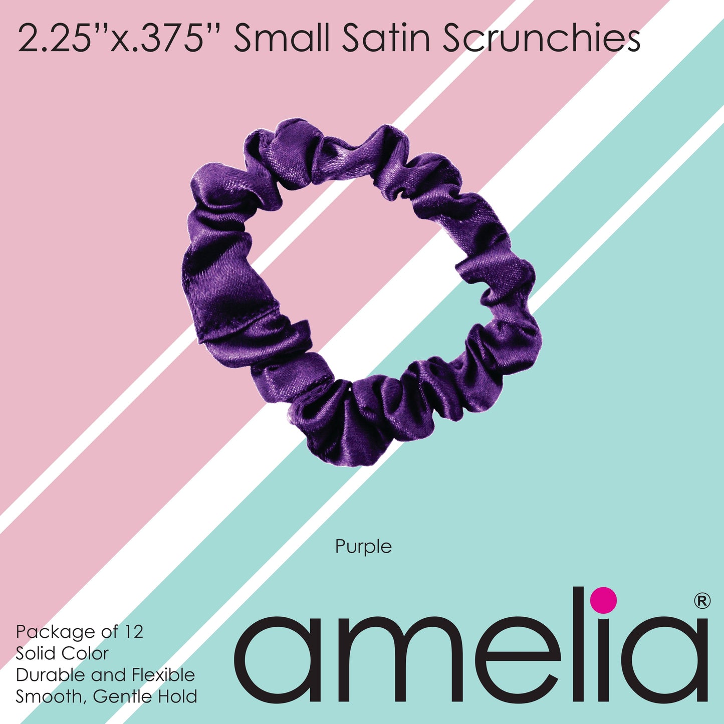 Amelia Beauty, Purple Satin Scrunchies, 2.25in Diameter, Gentle on Hair, Strong Hold, No Snag, No Dents or Creases. 12 Pack - 12 Retail Packs