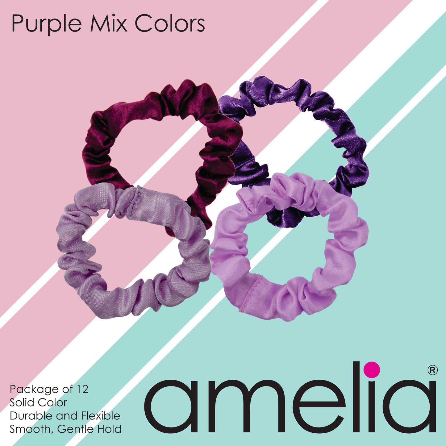 Amelia Beauty, Purple Mix Satin Scrunchies, 2.25in Diameter, Gentle on Hair, Strong Hold, No Snag, No Dents or Creases. 12 Pack - 12 Retail Packs