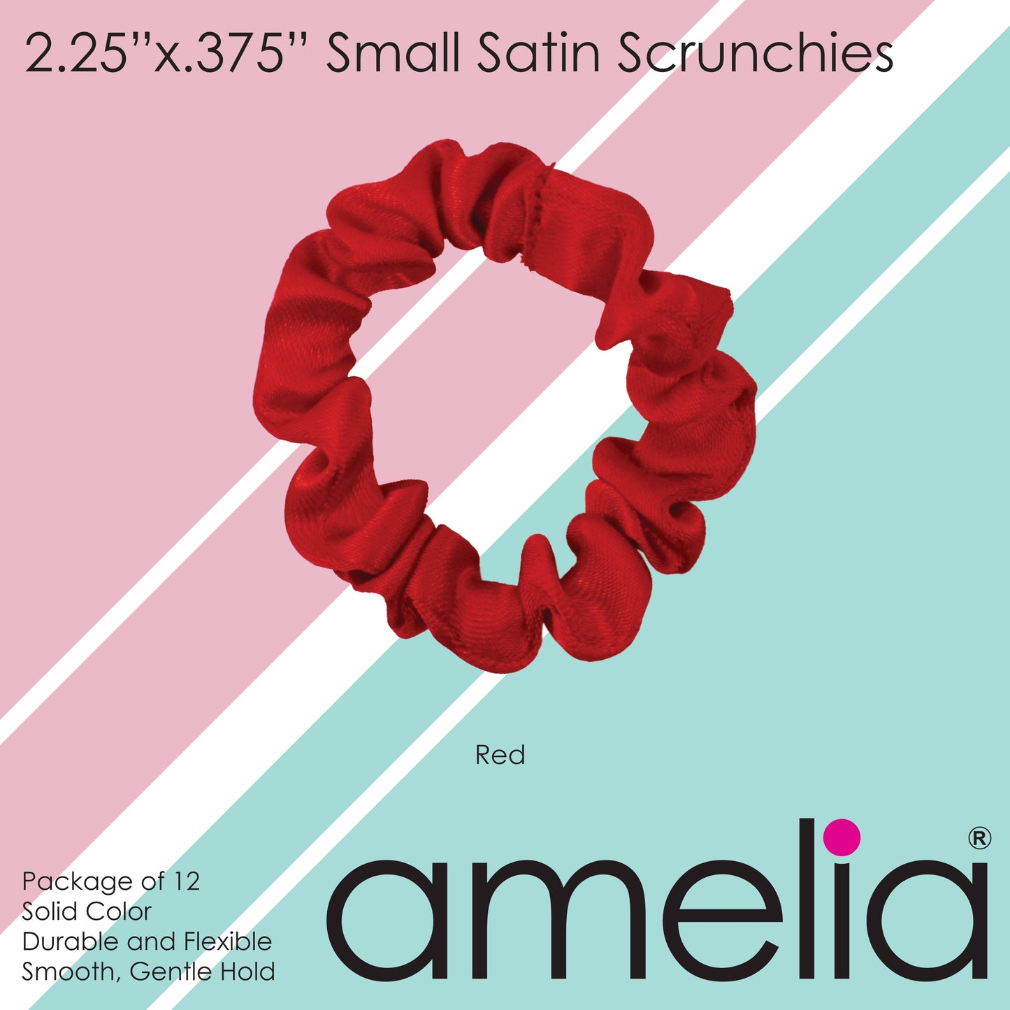 Amelia Beauty, Red Satin Scrunchies, 2.25in Diameter, Gentle on Hair, Strong Hold, No Snag, No Dents or Creases. 12 Pack - 12 Retail Packs