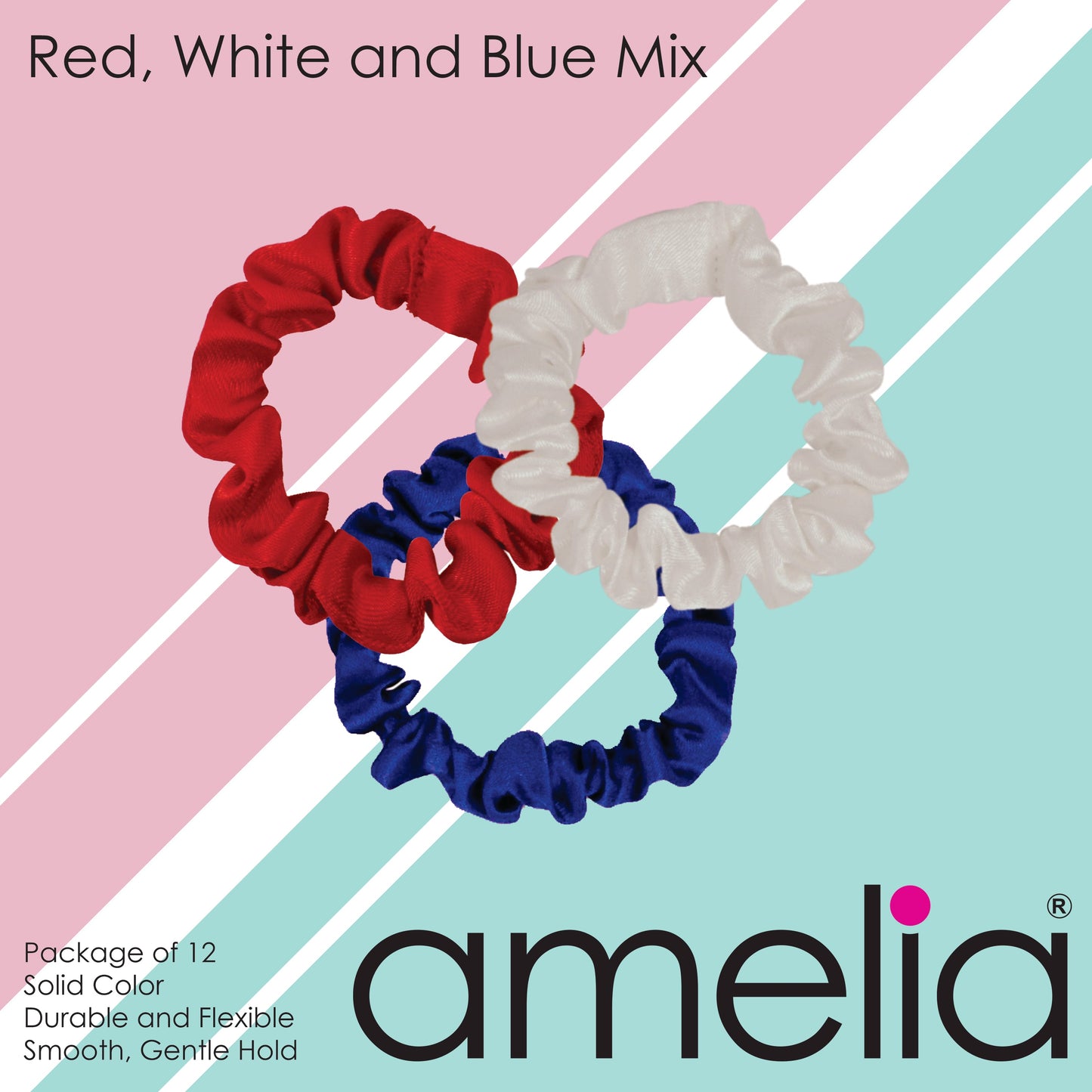 Amelia Beauty, Red, White and Blue Satin Scrunchies, 2.25in Diameter, Gentle on Hair, Strong Hold, No Snag, No Dents or Creases. 12 Pack - 12 Retail Packs