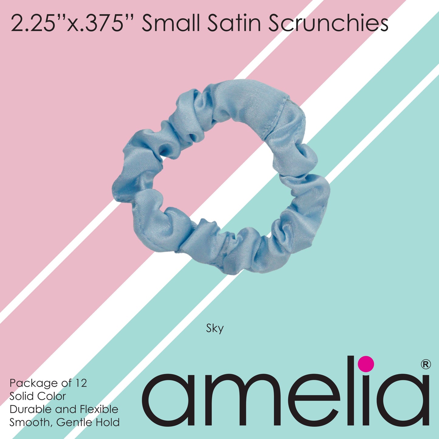 Amelia Beauty, Sky Satin Scrunchies, 2.25in Diameter, Gentle on Hair, Strong Hold, No Snag, No Dents or Creases. 12 Pack - 12 Retail Packs