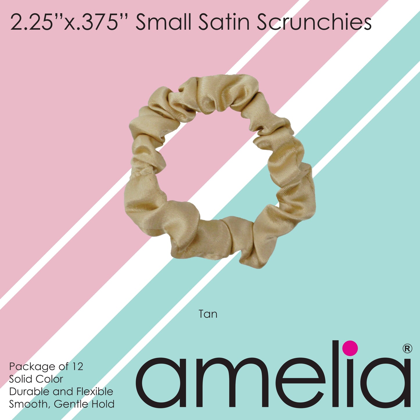 Amelia Beauty, Tan Satin Scrunchies, 2.25in Diameter, Gentle on Hair, Strong Hold, No Snag, No Dents or Creases. 12 Pack - 12 Retail Packs