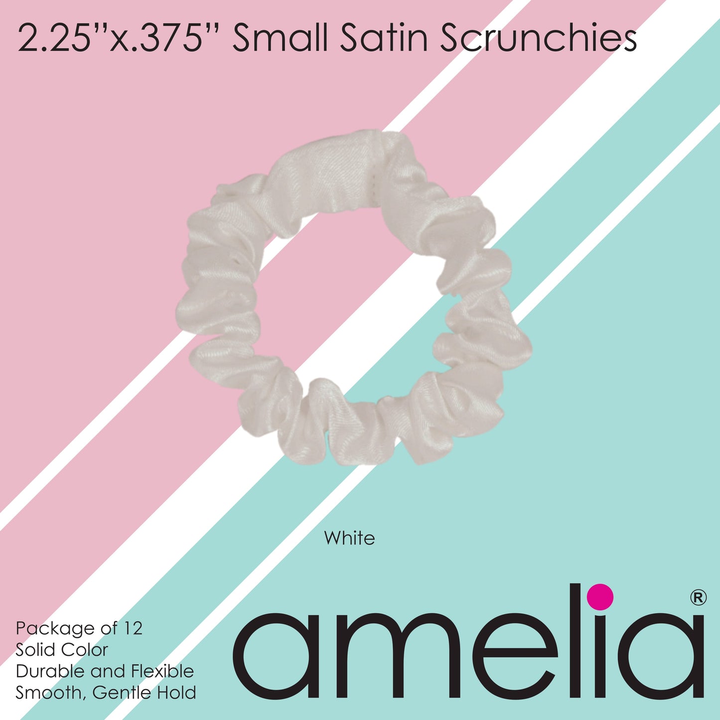 Amelia Beauty, White Satin Scrunchies, 2.25in Diameter, Gentle on Hair, Strong Hold, No Snag, No Dents or Creases. 12 Pack - 12 Retail Packs