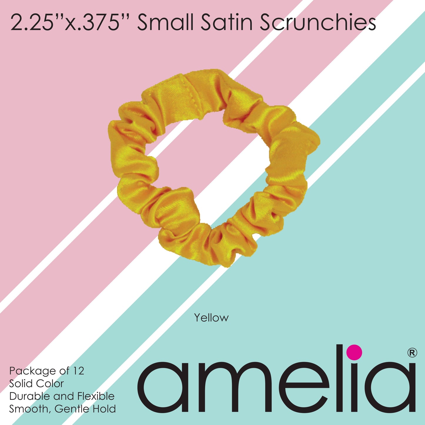 Amelia Beauty, Yellow Satin Scrunchies, 2.25in Diameter, Gentle on Hair, Strong Hold, No Snag, No Dents or Creases. 12 Pack - 12 Retail Packs