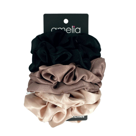 Amelia Beauty Products, Black, Brown and Tan Imitation Silk Scrunchies, 4.5in Diameter, Gentle on Hair, Strong Hold, No Snag, No Dents or Creases. 6 Pack - 12 Retail Packs