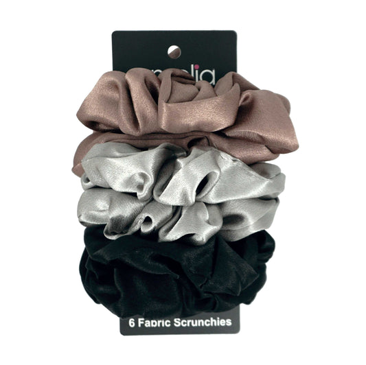 Amelia Beauty Products, Black, Gray and Brown Imitation Silk Scrunchies, 4.5in Diameter, Gentle on Hair, Strong Hold, No Snag, No Dents or Creases. 6 Pack - 12 Retail Packs