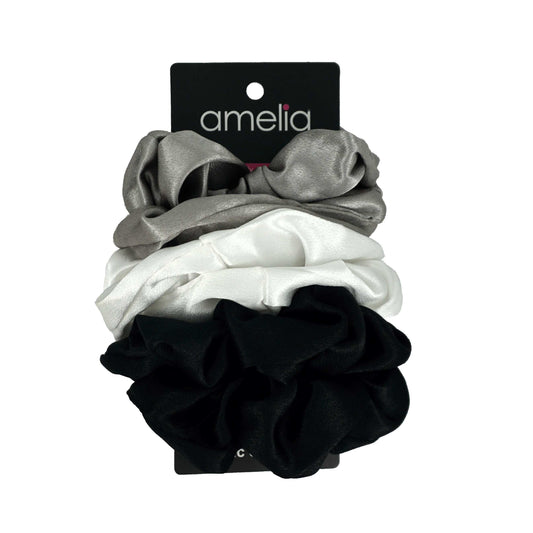 Amelia Beauty Products, Black, White and Gray Imitation Silk Scrunchies, 4.5in Diameter, Gentle on Hair, Strong Hold, No Snag, No Dents or Creases. 6 Pack - 12 Retail Packs