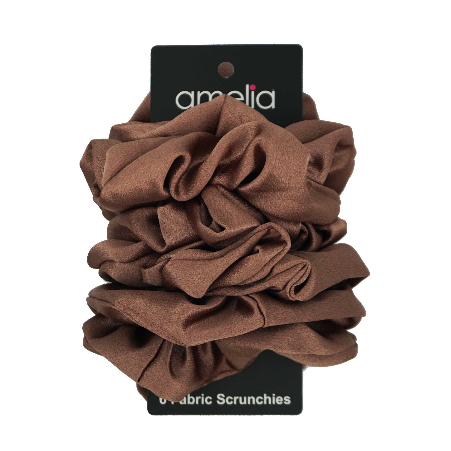 Amelia Beauty Products, Brown Imitation Silk Scrunchies, 4.5in Diameter, Gentle on Hair, Strong Hold, No Snag, No Dents or Creases. 6 Pack - 12 Retail Packs