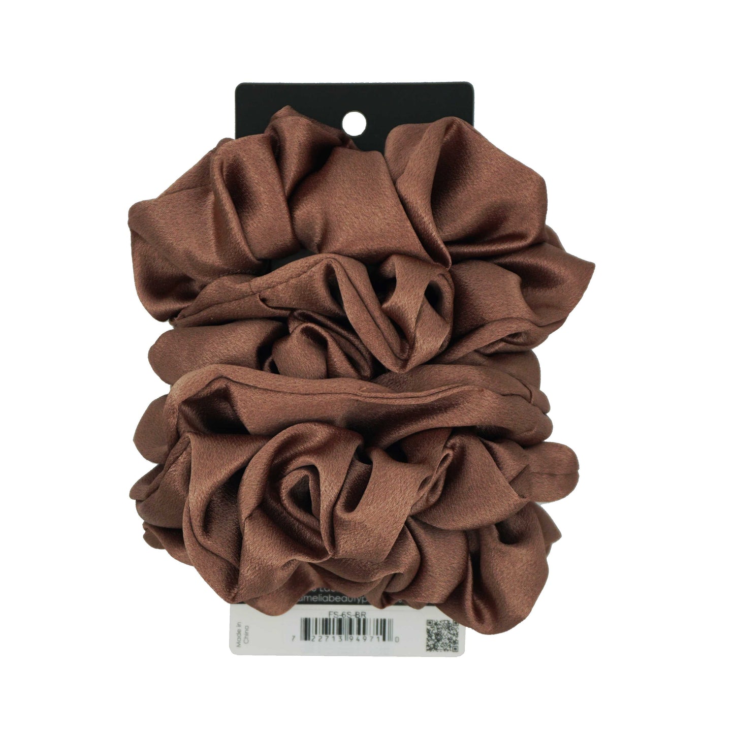 Amelia Beauty Products, Brown Imitation Silk Scrunchies, 4.5in Diameter, Gentle on Hair, Strong Hold, No Snag, No Dents or Creases. 6 Pack - 12 Retail Packs