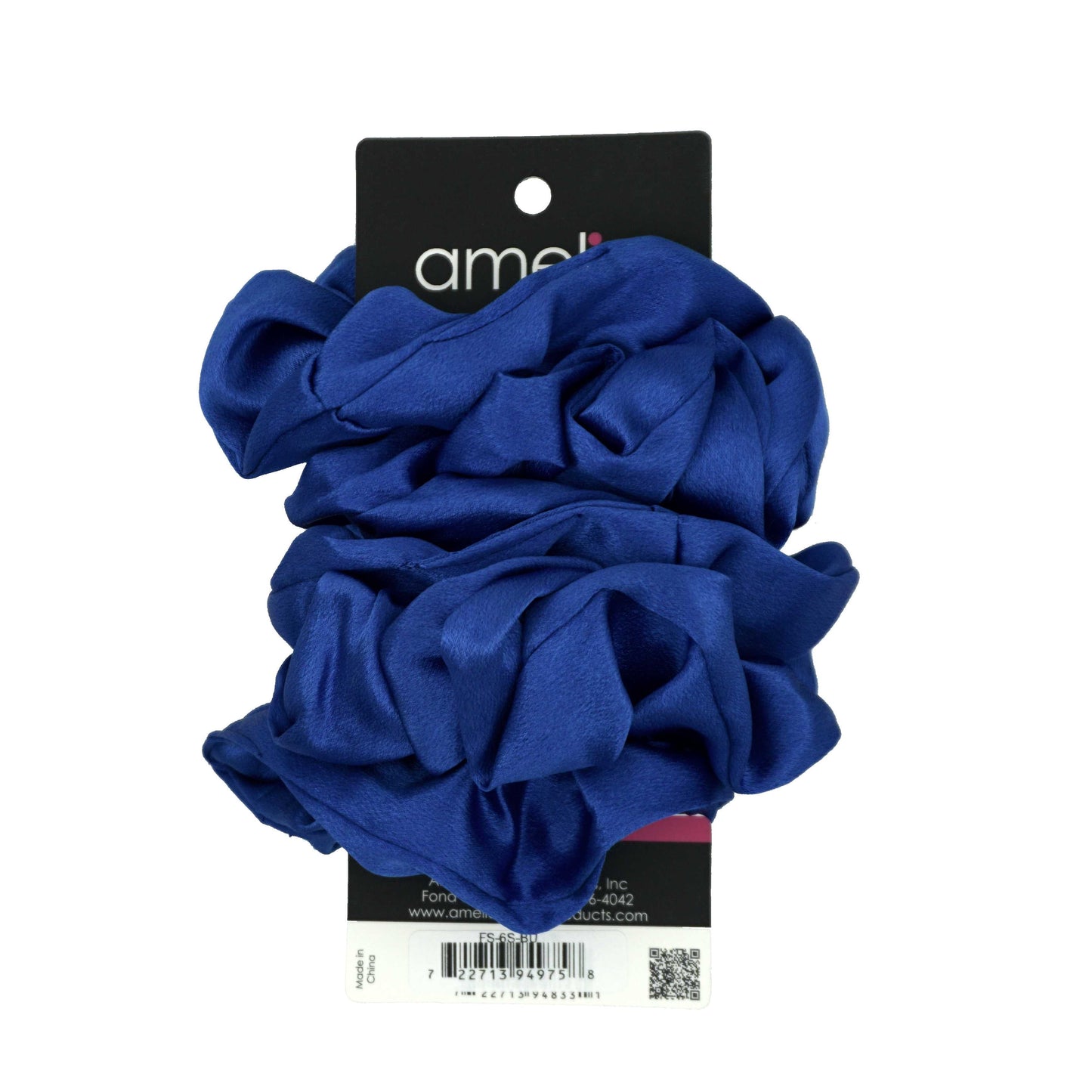 Amelia Beauty Products, Blue Imitation Silk Scrunchies, 4.5in Diameter, Gentle on Hair, Strong Hold, No Snag, No Dents or Creases. 6 Pack - 12 Retail Packs