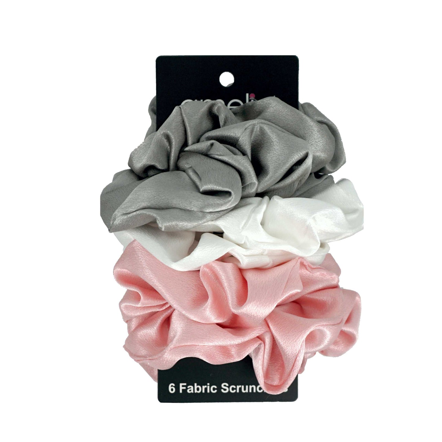 Amelia Beauty Products, Gray, White and Pink Imitation Silk Scrunchies, 4.5in Diameter, Gentle on Hair, Strong Hold, No Snag, No Dents or Creases. 6 Pack - 12 Retail Packs