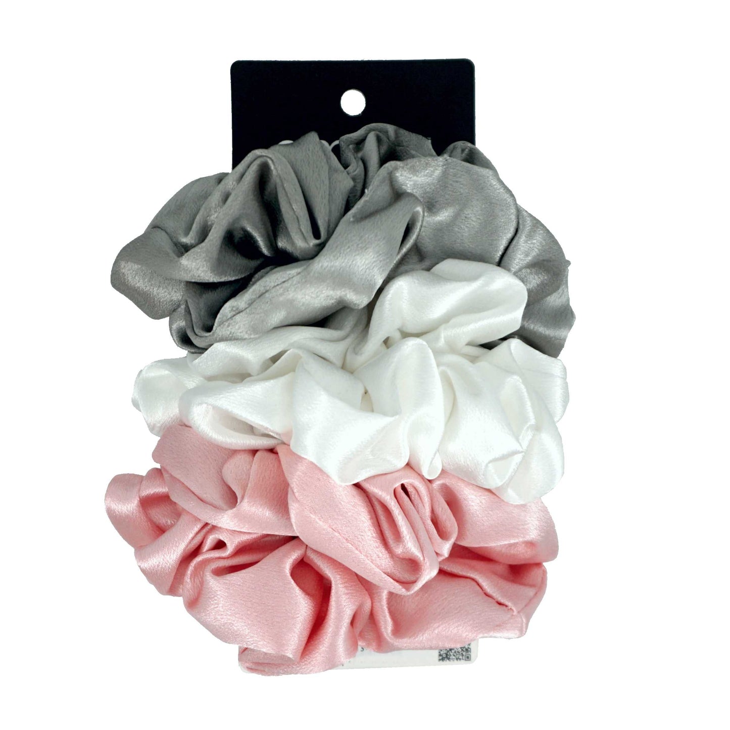 Amelia Beauty Products, Gray, White and Pink Imitation Silk Scrunchies, 4.5in Diameter, Gentle on Hair, Strong Hold, No Snag, No Dents or Creases. 6 Pack - 12 Retail Packs