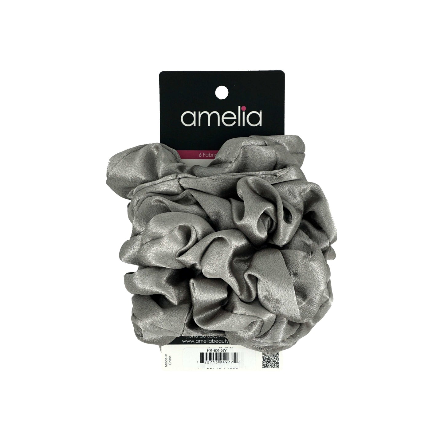 Amelia Beauty Products, Gray Imitation Silk Scrunchies, 4.5in Diameter, Gentle on Hair, Strong Hold, No Snag, No Dents or Creases. 6 Pack - 12 Retail Packs