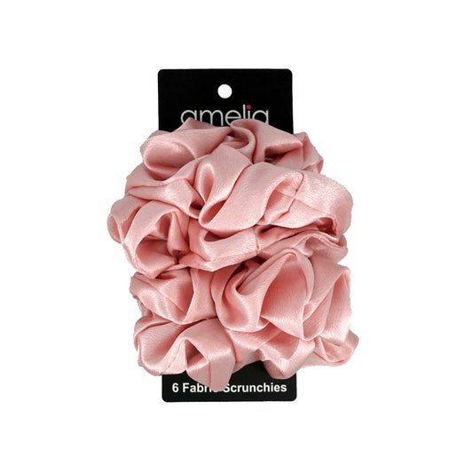 Amelia Beauty, Pink Imitation Silk Scrunchies, 4.5in Diameter, Gentle on Hair, Strong Hold, No Snag, No Dents or Creases. 6 Pack - 12 Retail Packs