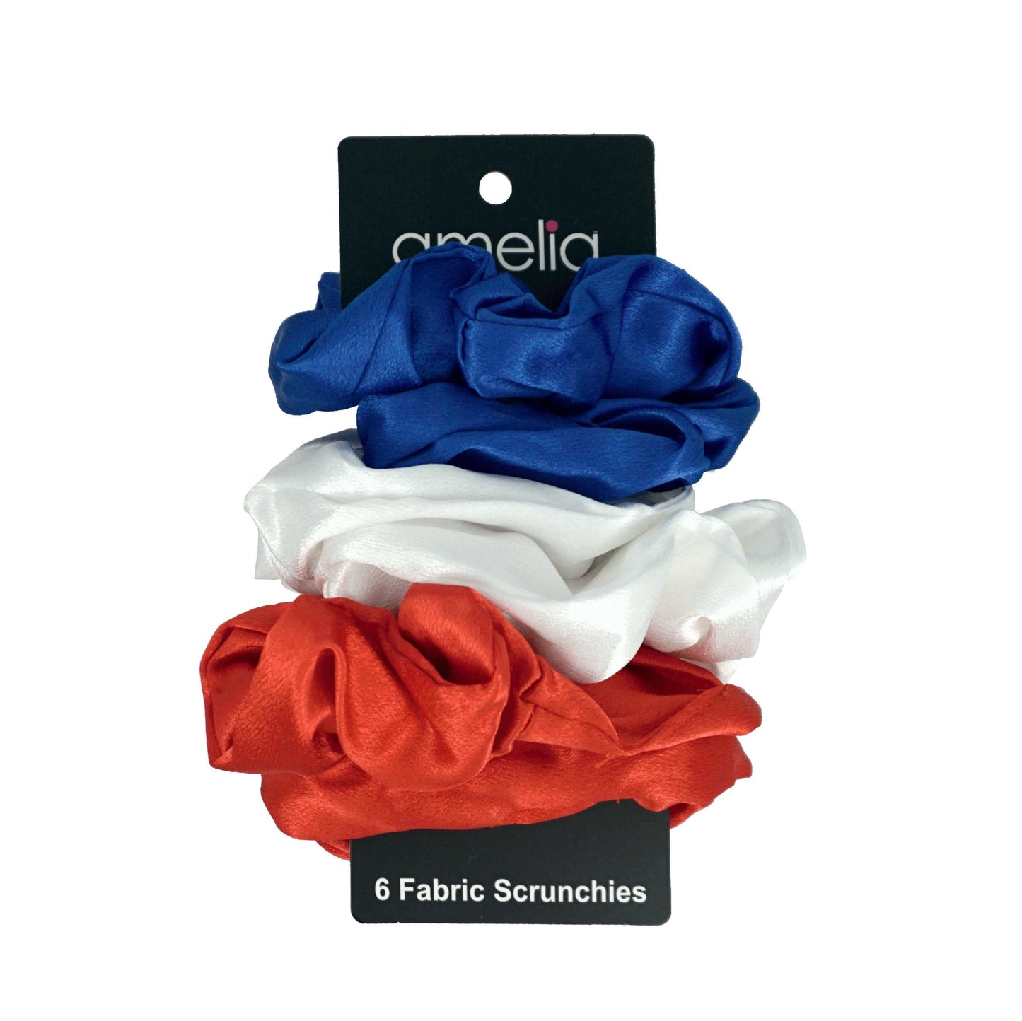 Amelia Beauty, Red, White and Blue Imitation Silk Scrunchies, 4.5in Diameter, Gentle on Hair, Strong Hold, No Snag, No Dents or Creases. 6 Pack - 12 Retail Packs