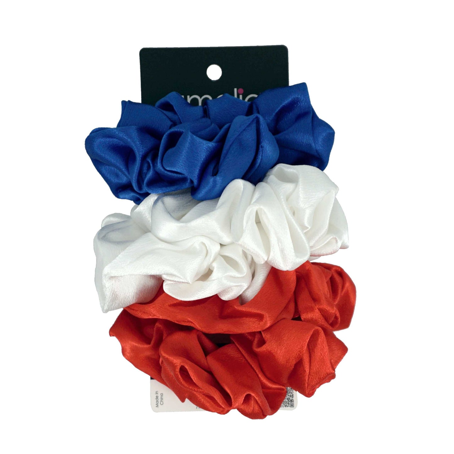 Amelia Beauty, Red, White and Blue Imitation Silk Scrunchies, 4.5in Diameter, Gentle on Hair, Strong Hold, No Snag, No Dents or Creases. 6 Pack - 12 Retail Packs