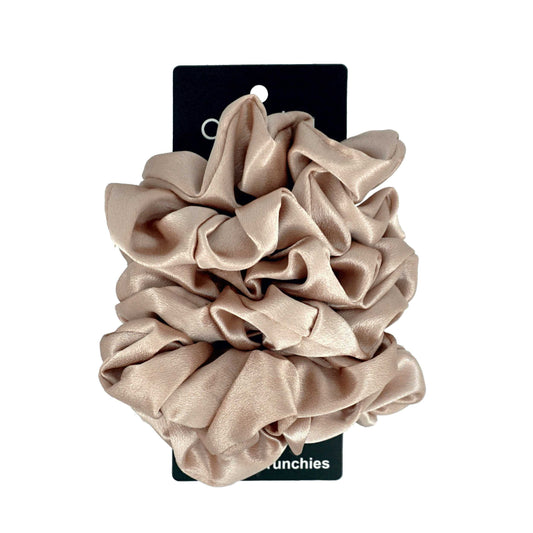 Amelia Beauty, Tan Imitation Silk Scrunchies, 4.5in Diameter, Gentle on Hair, Strong Hold, No Snag, No Dents or Creases. 6 Pack - 12 Retail Packs