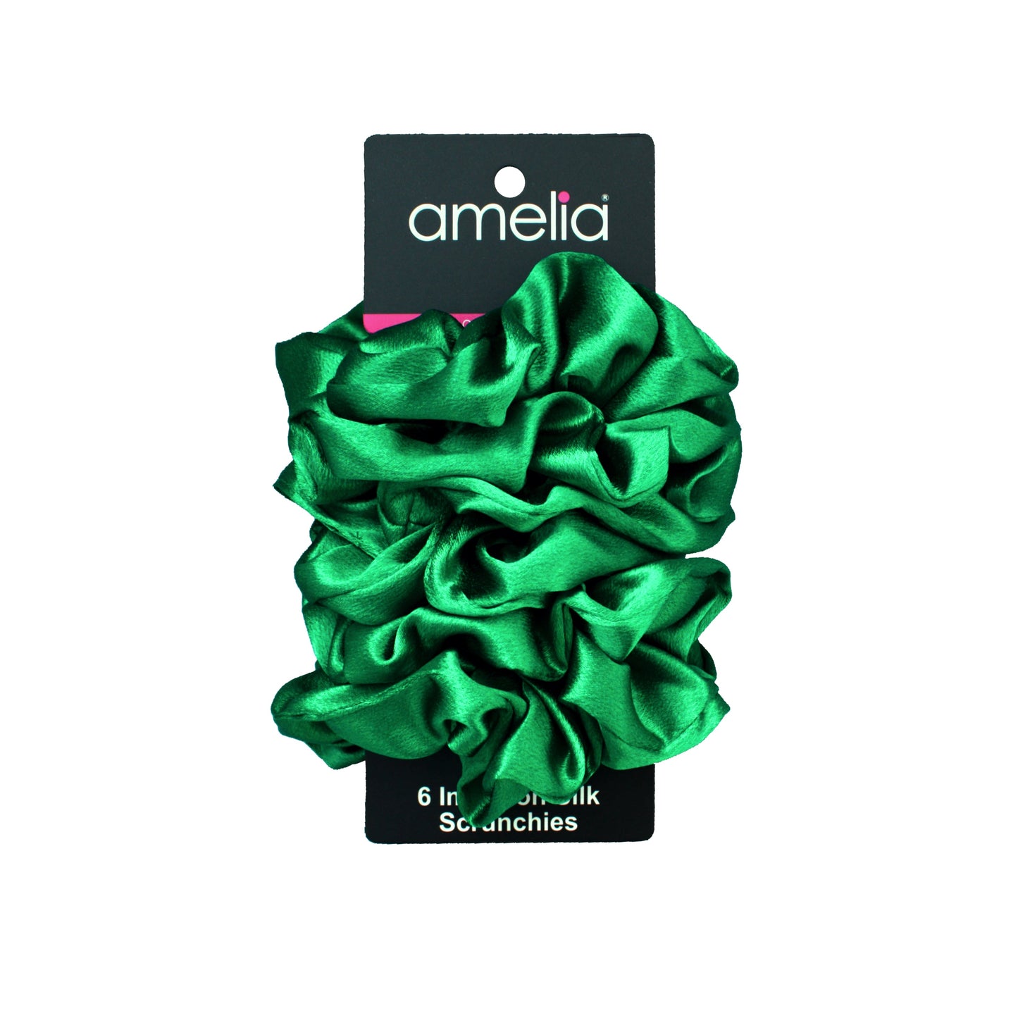 Amelia Beauty Products, Green Imitation Silk Scrunchies, 4.5in Diameter, Gentle on Hair, Strong Hold, No Snag, No Dents or Creases. 6 Pack - 12 Retail Packs