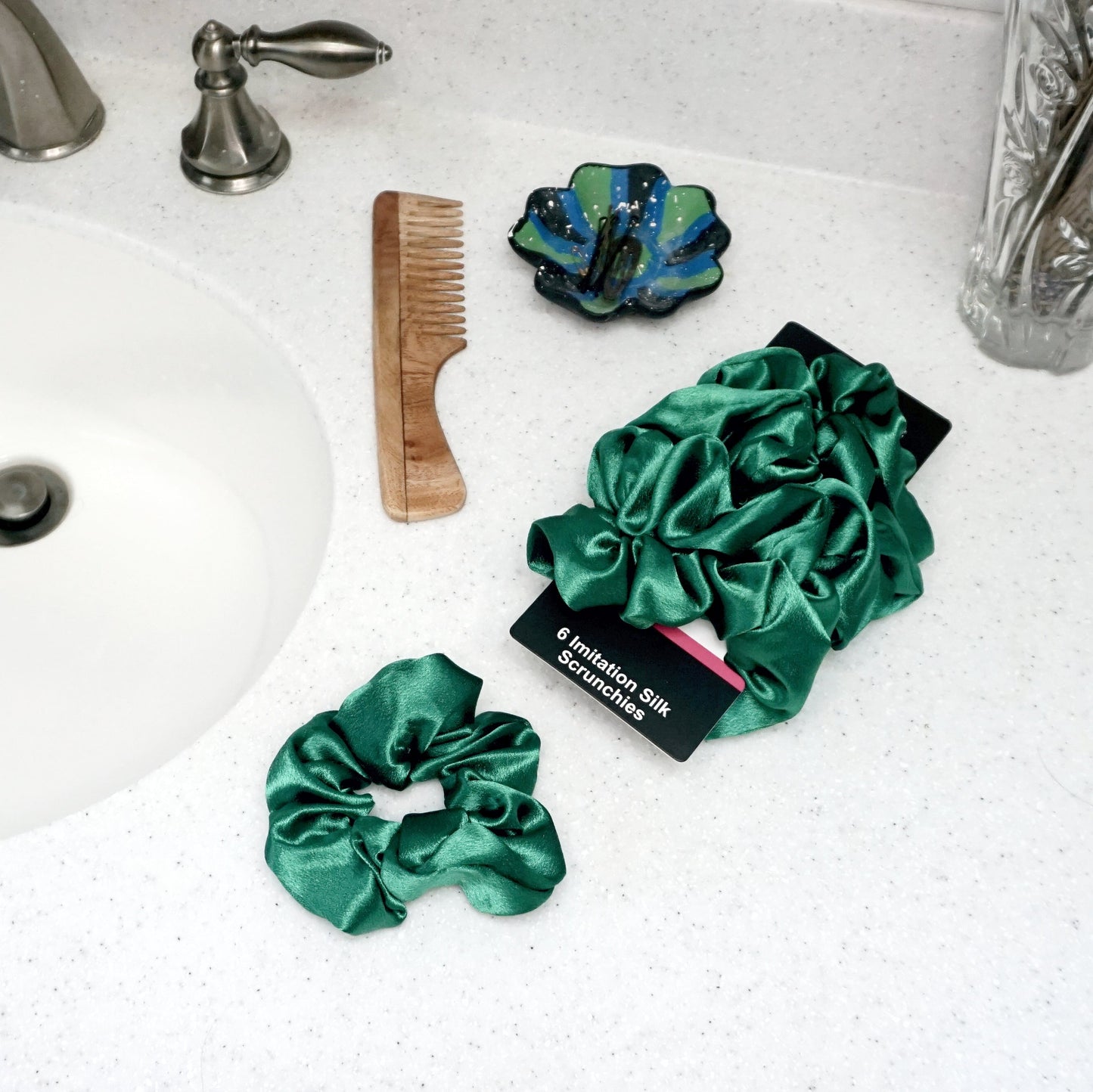 Amelia Beauty Products, Green Imitation Silk Scrunchies, 4.5in Diameter, Gentle on Hair, Strong Hold, No Snag, No Dents or Creases. 6 Pack - 12 Retail Packs